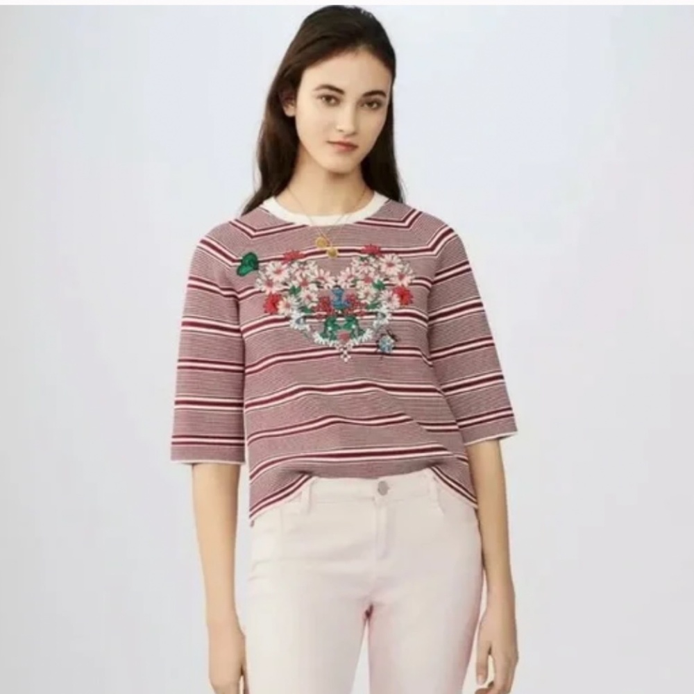 Maje Marco Floral Embroidered Heart Striped Sweater Red x White Size 2 (US M)
